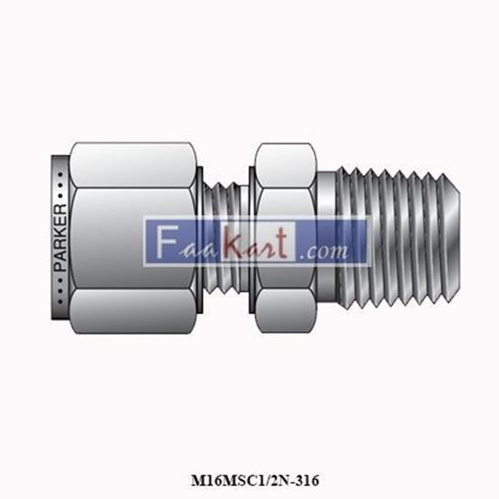 Picture of M16MSC1/2N-316 PARKER Connector, NPT Male, 16mmOD tube x 1/2" NPT, SS316, A-LOK