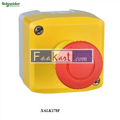 Picture of XALK178F  Control station, plastic, yellow lid, 1 red mushroom push button