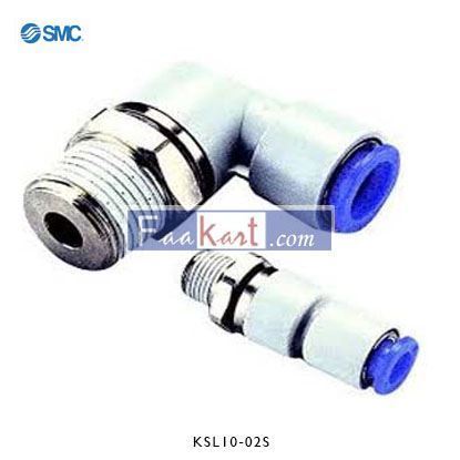 Picture of KSL10-02S       SMC Threaded-to-Tube Elbow Connector R 1/4 to Push In 10 mm, KSL Series, 1 MPa, 3 (Proof) MPa