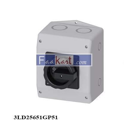Picture of 3LD25651GP51  MAIN CONTROL SWITCH 3-POLE IU=63, P/AC-23A AT 400V=22KW 1NO+1 NC, 1 N-TERMINAL ENCAPSUL.IN M.P.ENCLOSURE, IP65 ROTARY ACTUATOR BLACK METRIC THREAD