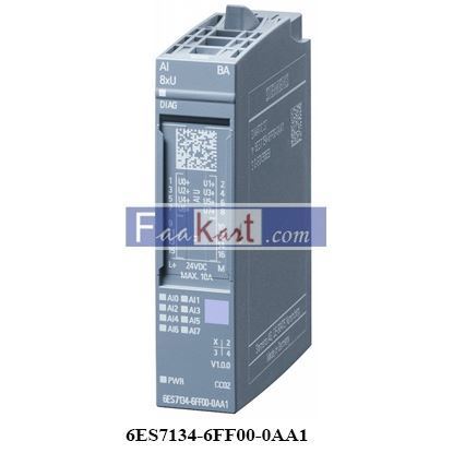 Picture of 6ES7134-6FF00-0AA1 simatic et 200sp, analog input module, ai 8xu basic, fits to bu-type a0, a1, color code cc02, module diagnosis, 16bit