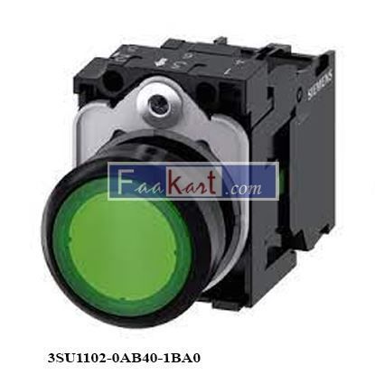 Picture of 3SU1102-0AB40-1BA0  Illuminated pushbutton, 22 mm, round, plastic, green, pushbutton, flat, momentary contact type, with holder, 1 NO, LED module with integrated LED 24 V AC/DC, screw terminal