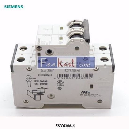 Picture of SIEMENS 5SY6206-6 6A 400V NSNP    CIRCUIT BREAKER MINIATURE 6 AMP 2 POLE 400 VAC 2.1 W 6 KA B-CURVE TEMP: - 40 - 75 DEGREES C DIN RAIL MOUNT IP20