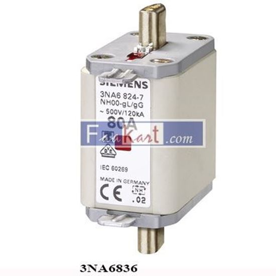 Picture of 3NA6836 SIEMENS LV HRC fuse element, NH00, In: 160 A, gG, Un AC: 500 V, Un DC: 250 V, Combined indicator, Insulated grip lugs