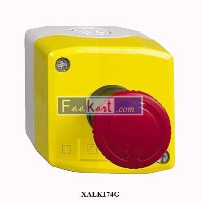 Picture of XALK174G Schneider Electric Yellow station - 1 red mushroom head pushbutton Ø40 turn to release 1NO+2NC.
